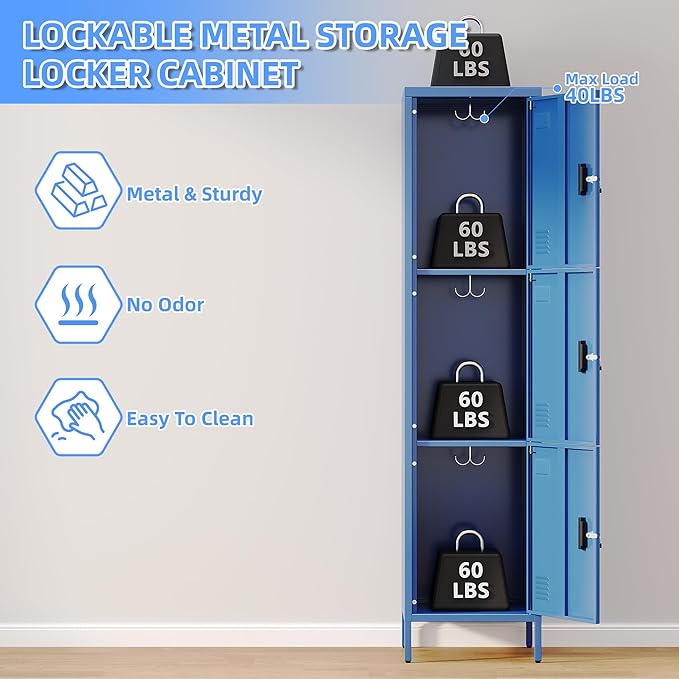 Metal Locker with Hooks and Ventilation Holes,Metal Storage Locker with Keys and Business Card Slof for Home,Gym,Garage,School,Office,66" H×15.75" W× 15.75" D,Assembly Required,Blue