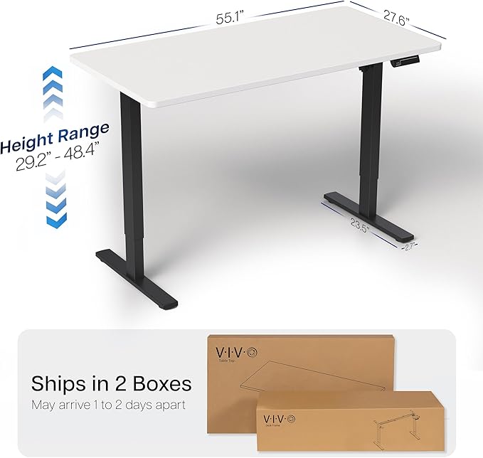 VIVO Electric 55 x 28 in Standing Desk, Memory Height Adjustment, 1B Series, One-Piece White Top, Black Frame, DESK-KIT-1B55W