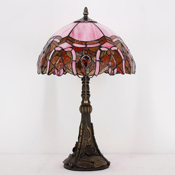 Tiffany Stained Glass Table Lamp 12X12X19 Inch Pink Jewelry Style Desk Bedroom Living Room Reading Light (Pink Bent)