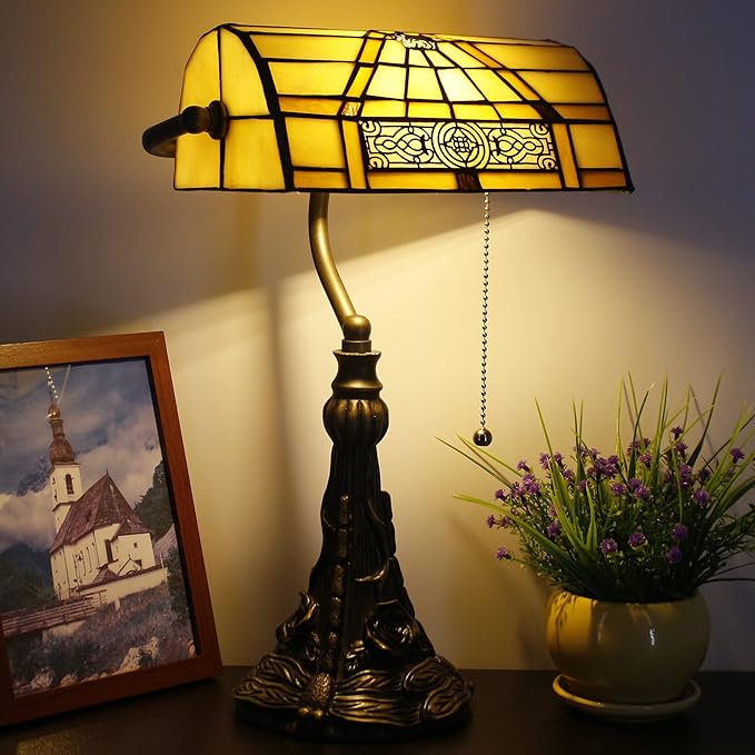Tiffany Banker Lamp Small Stained Glass Table Lamp Tiffany Style Piano Light Yellow Mission Style Desk Lamp Angle Adjustable 10.6X15.7 Inch for Home Office Living Room Bedroom