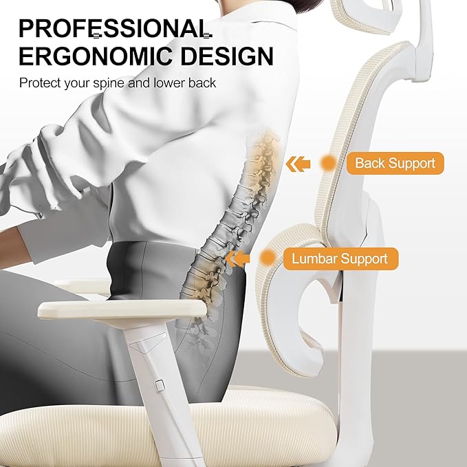Ergonomic Office Chair,Home Mesh Office Desk Chairs,High Back Office Chair 330 LBS,Swivel Computer Chair with 2D Armrest,Adjustable Headrest,Lumbar Support,Rocking Function (Beige)