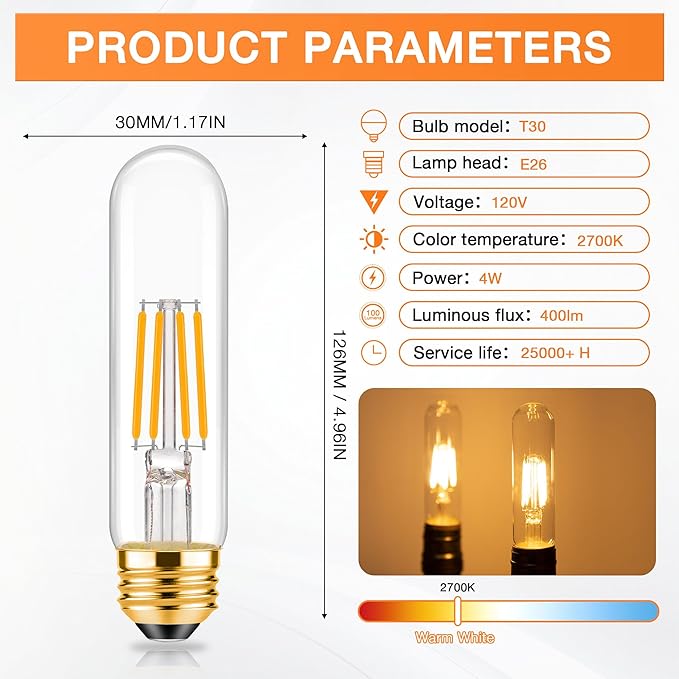 ToBeGreat T30 Light Bulbs 4 Watt Equivalent 40W Bulb E26 Tubular Bulbs T10 LED Bulb Warm White 2700K,Desk Lamp,Bedbroom Bathroom Dimmable,Chandelier (Clear, 5 in (2pack))