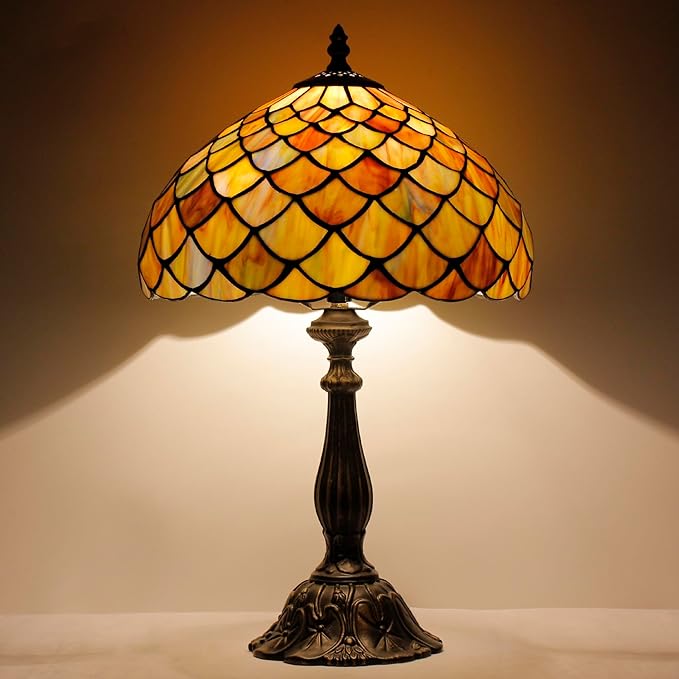 Tiffany Lamp Touch Control Table Lamp Yellow Green Stained Glass Desk Lamp 12X12X19 Inches Fish Scales Style Reading Light