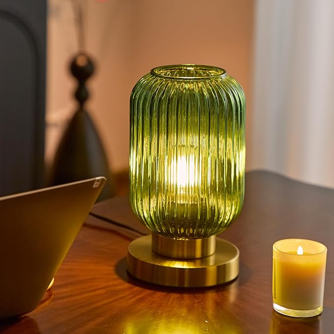 Modern Green Ribbed Glass Table Lamps Mid Century Bedside Light Small Nightstand Lamp with Plug-in Style, E26 Night Lighting for Bedroom Living Room Tabletop