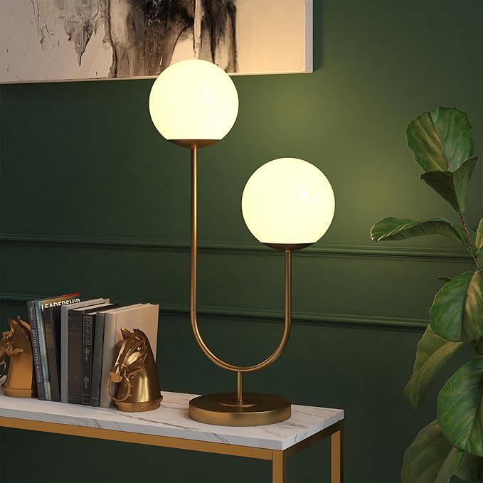 Henn&Hart 28'' Mid-Century Modern 2-Light U-Shaped Table Lamp with White Milk Glass Globe Shade for Living Room, Bedroom, or Office, Brass