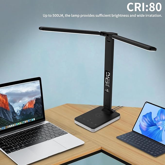 LED Desk Lamp with Wireless Charger, USB Charging Port, Dual Swing Arm Desk Light with 5 Brightness, 3 Colors, Table Lamp with Clock, Alarm, Date, Temperature, Desk Lamp for Home Office Study (Black)