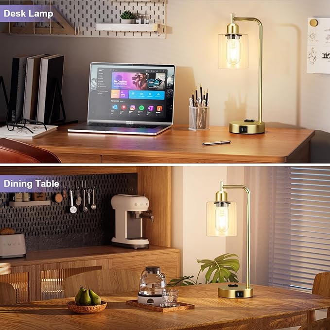Innqoo Industrial Gold Table Lamp for Bedrooms Set of 2-3-Way Dimmable Desk Lamp with USB C+A Ports and Outlet, Gold Lamps with Clear Glass Shade for Living Room, Desk Lamps for Home Office