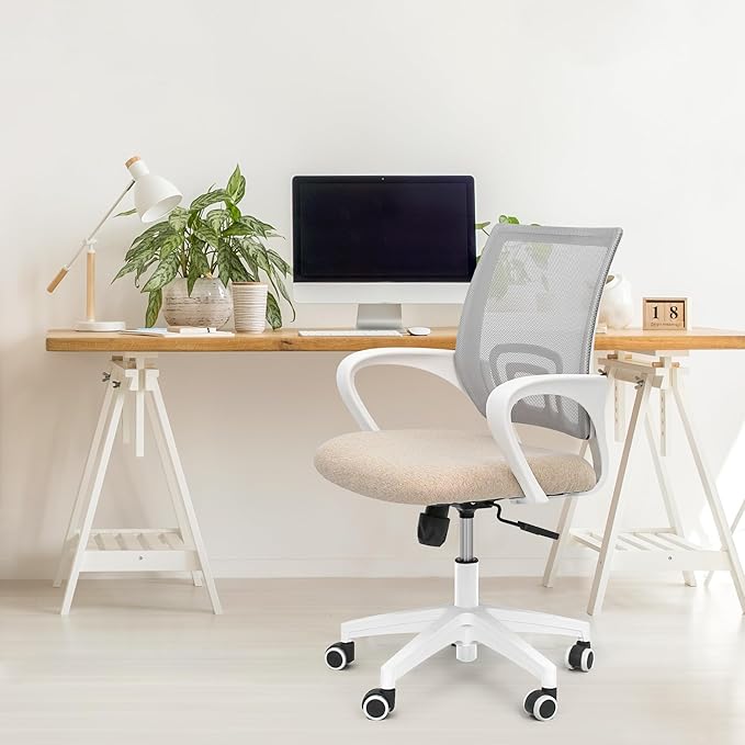 Office Chair with Ergonomic Mid Back Cushion Lumbar Support Adjustable Swivel Rolling Computer Gaming Desk Chair Comfy Mesh Seat Wheels Home Executive Use (1, Beige)