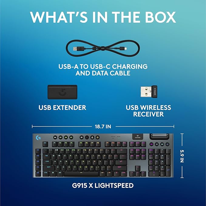 Logitech G915 X Lightspeed Wireless Mechanical Gaming Keyboard, Double-Shot PBT Keycaps, Fully Programmable Keys, RGB Backlit Mac/PC Gaming Keyboards, Aluminum Finish, GL Linear Switches, Black
