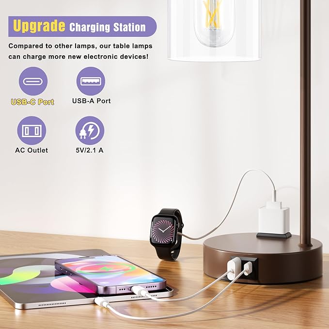 Innqoo Industrial Touch Table Lamps for Bedrooms Set of 2-3-Way Dimmable Lamps with USB C+A Ports and Outlet, Brown Bedside Lamps with Clear Glass Shade for Living Room, Desk Lamps for Home Office