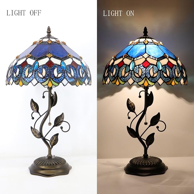 Tiffany Table Lamp, Stained Glass Style Desk Lamp, 12X12X19 Inch,Bedside Reading Light, Metal Leaf Base(Blue Baroque)