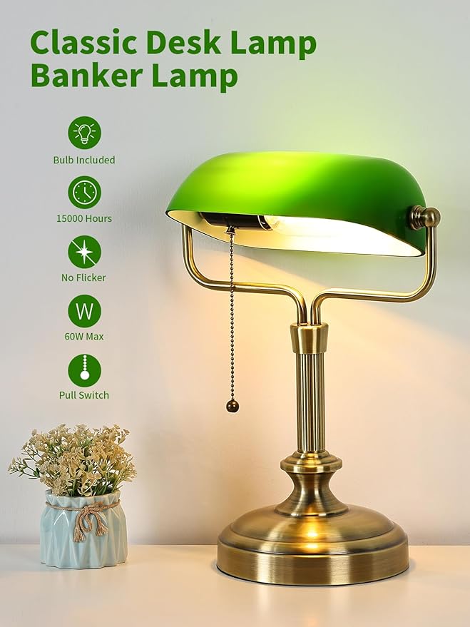 Traditional Banker's Desk Lamp with Glass Shade,Pull Chain Switch, LED Bulb Included (Antique Bronze+Green)
