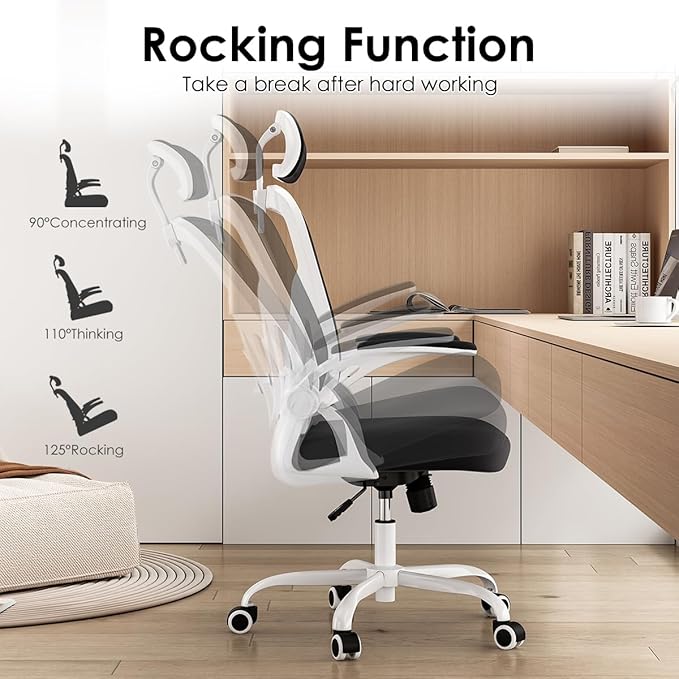 Farini Ergonomic Office Chair, Home Office Desk Chair with Headrest, High Back Computer Chair with Armrests and Adjustable Lumbar Support for Home Office Study Room, White & Black