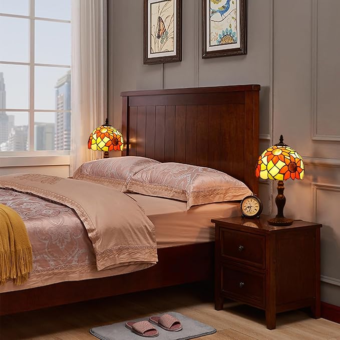 Tiffany Small Table Lamp Sunflower 3-Way Color Temperatures Stained Glass Table Lamps for Living Room Bedroom Bedside Nightstand Night Light Home Office Desk Lamp W/LED Bulb 8X8X15Inch