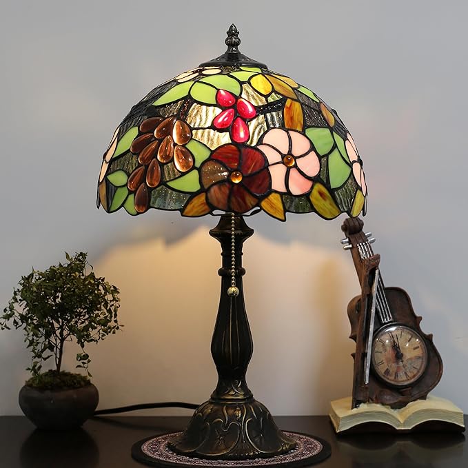Tiffany Lamp 12-inch Grape Rose Stained Glass Lamp, Bedside Table Lamp, Suitable for Bedroom, Living Room, Home Office, Home Decor Art, E26 Bulb (Not Included in Delivery)