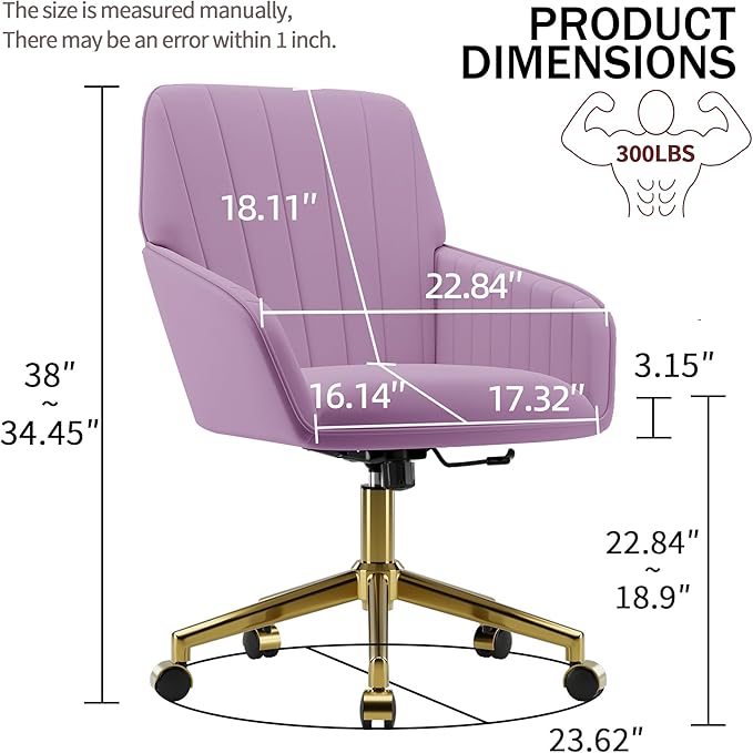 YISHENG Velvet Office Desk Chair with Gold Base, with Wheels,Modern Height Adjustable 360 Degree Swivel Upholstered Vanity Chairs with Arms for Living Room Bedroom,Purple