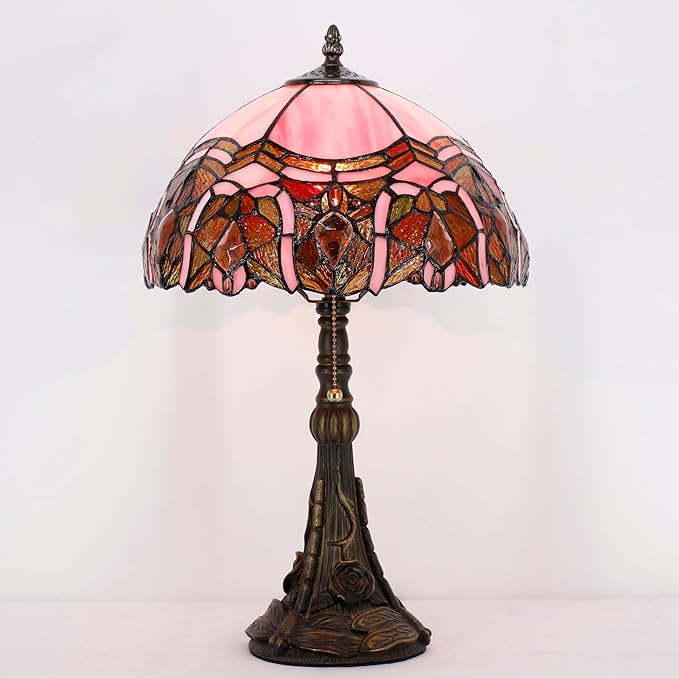 Tiffany Stained Glass Table Lamp 12X12X19 Inch Pink Jewelry Style Desk Bedroom Living Room Reading Light (Pink Bent)