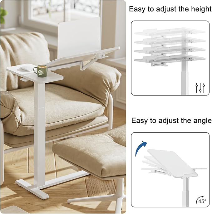 Ywin Medical Adjustable Tilt Overbed Bedside Table with Wheels, Swivel Portable Tray Table(27.6" W x 15.8" D), Small Standing Desk for Bedroom, Hospital, Couch, Office Use,White