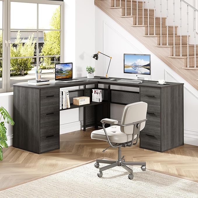HSH L Shaped Corner Home Office Desk with Drawers, Large Computer Desk with Storage File Cabinet Shelves, Rustic Wood Metal Computer Table for Bedroom Executive Work Study Writing, Dark Gray, 59 Inch