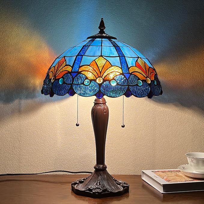 Tiffany Table lamp, Blue Stained Glass Desk Light - Antique Style 16” Large Nightstand Bedside Reading Light for Living Room Bedroom Office
