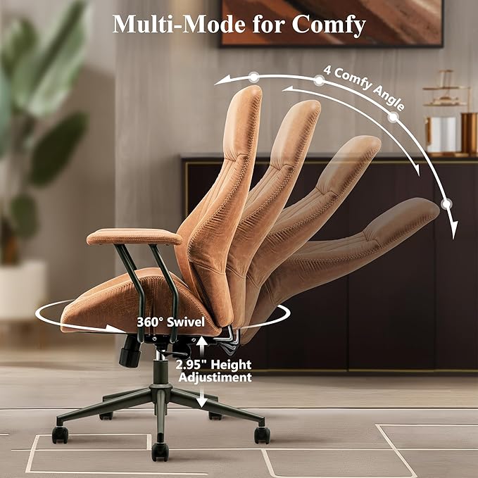 Mid Century Modren Office Chair - Fuax Leather Suede Brown Executive Chairs Ergonomic Mid Back with Lumbar Support, Swivel Computer Desk Task Chair with Wheels for Home Office (Brown, Hign Back)