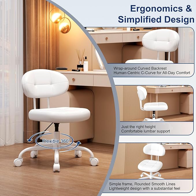 Misolant Vanity Chair with back, Small Armless Cute office Chair with wheels and Lumbar support, Comfy PU Leather Desk Computer Chairs with Adjustable Height, 360°Swivel for Home Bedroom Office, White