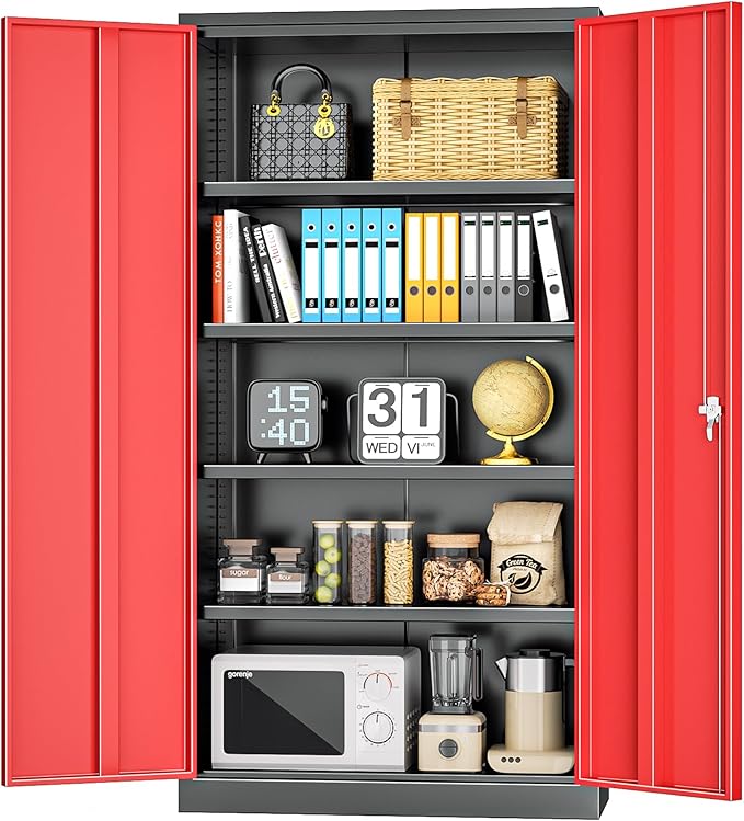 INTERGREAT Metal Storage Cabinet,72" Steel Lockable File Cabinet with Locking Doors and Adjustable Shelves,Locking Tool Cabinets for Office,Home,Garage,Gym,School (Black Red)