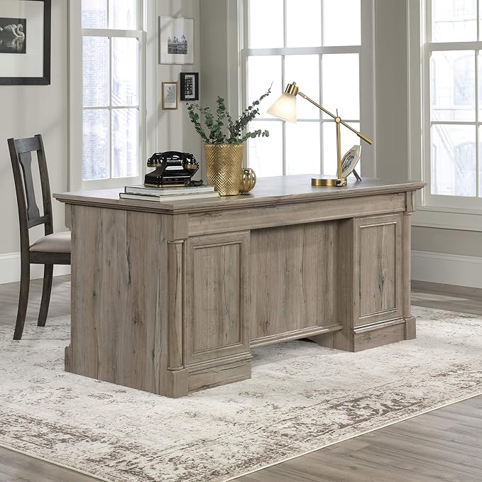 Sauder Palladia Office Desk with Drawers, Executive Desk with File Cabinet Storage, Cable Management, Keyboard Tray, in Split Oak Finish