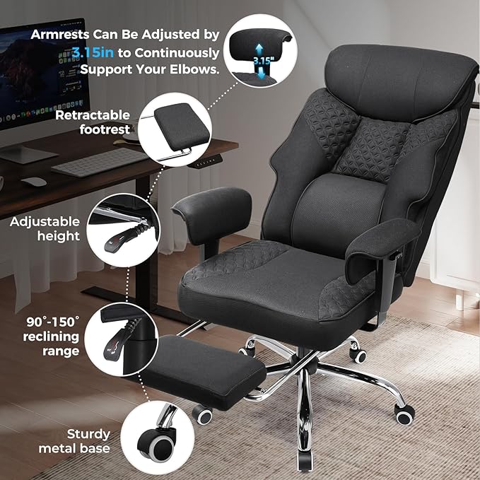 GTRACING Big and Tall Office Chair 400LBS Wide Ergonomic Fabric Deluxe Embossing Designed Gaming Chair with Foot Rest,150°Reclining Adjustable Armrests Pocket Spring Back Support and Pillow
