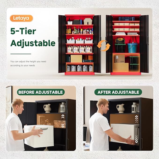 Letaya Metal Garage Storage Cabinets with Lock, 71" Tall Locker Organizer Steel Tool Cabinets,5 Adjustable Shelves 2 Doors for Home Office, Warehouse,Garage,Industrial,Employee (Black Red)