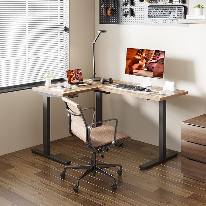 L-Shaped Standing Desk, 63 x 47 Inches Height Adjustable Desk, Sit and Stand up for Work Office Home, Ergonomic Rising Computer Table for Home Office with Splice Board, Rustic Brown