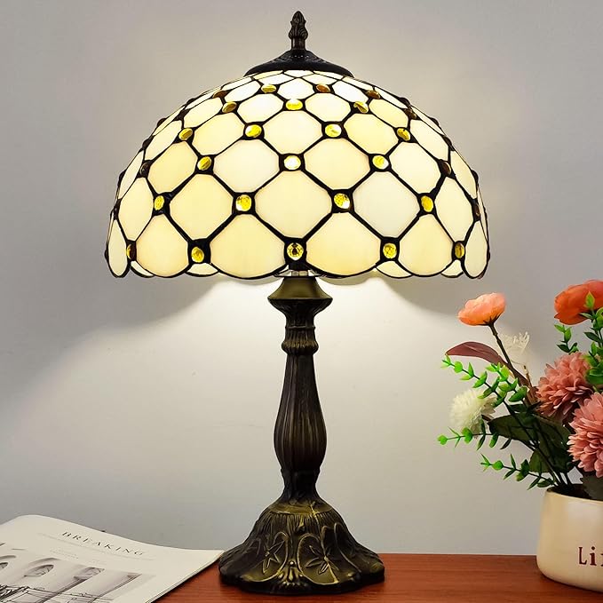 Tiffany Lamp Stained Glass Table Lamp - Antique Bedside Desk Reading Light With 3-Way Color LED - Living Room Nightstand 12X12X19 Inches - Home Office Desk Lamp - Cream White Pearls Style