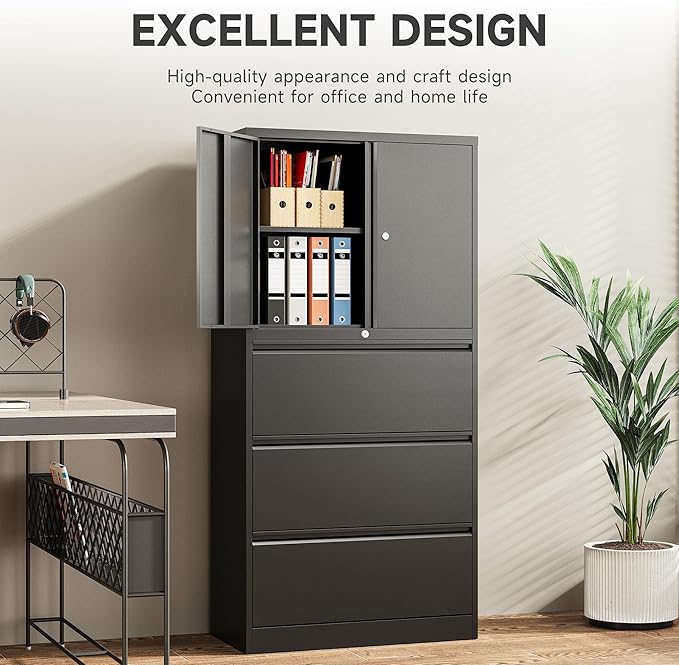 SISESOL 3 Drawer Lateral File Cabinet with Lock and Shelf,White Filing Storage Cabinet with Doors,Locking Metal Storage Cabinets with Drawers for Home,Office,Garage,School,Fit A4/Letter/Legal File