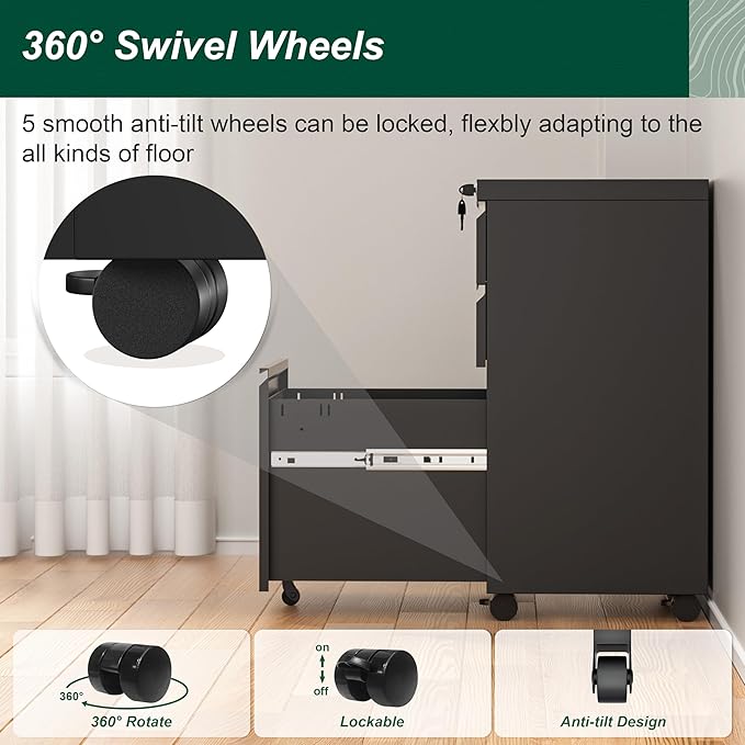 Superday File Cabinet 3 Drawer, Metal Rolling Vertical Filing Cabinet with Wheels, Small Under Desk File Cabinets for Home Office (Black)