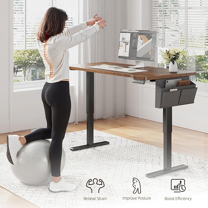 EnHomee 48 Inch Electric Standing Desk, 3 Adjustable Height Stand up Desk for Home Office, Height Adjustable Desks with Detachable Side Mount Pocket, Headphone Hook, Light Strip, Computer Desk, Brown