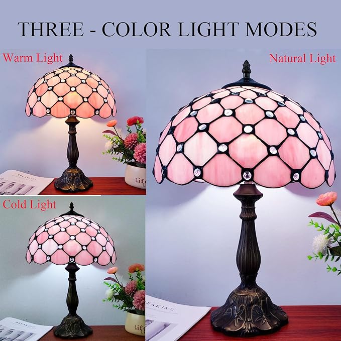 Tiffany Lamp Stained Glass Table Lamp Antique Bedside Desk Reading Light 3-Way Color LED Living Room Nightstand Light 12X12X19 Inches Home Office Desk Light Pink Pearls Style