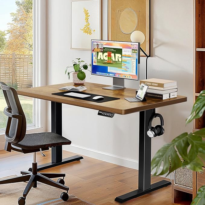 ErGear 40" x 24" Whole Piece Desktop Electric Standing Desk, Thick Height Adjustable Desk with 4 Height Memory, Home Office Computer Table with Cable Management Tray, Vintage Brown