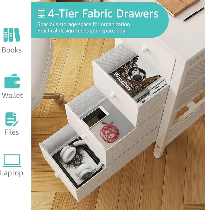 Lufeiya White Computer Desk with Fabric Drawers, 47 Inch Reversible Study Work Writing Desk for Home Office Bedroom, Simple Modern Cute PC Desks with Drawer, White