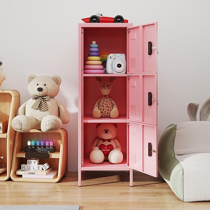Metal Locker with Ventilation Holes, Metal Storage Cabinet with Lock and Card Slof for Home,School, Office, Gaeage,47.3" H x 15.8" W x 15.8" D,Assembly Required,Pink