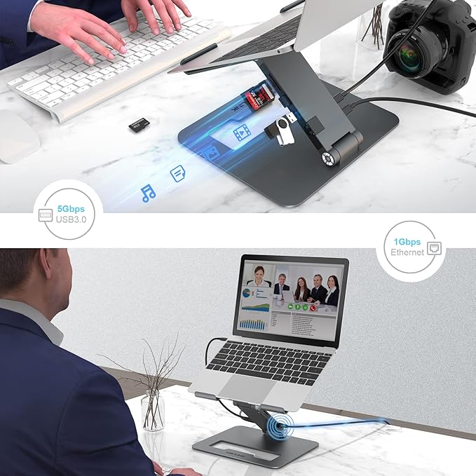 WAVLINK Adjustable Aluminum Laptop Stand with USB C Dock, Ergonomic Portable Computer Riser for MacBook, Windows, 10"-17" Notebook and Tablet(2HDMI,PD3.0,SD/TF,RJ45 Ethernet,2USB 3.0 Ports)