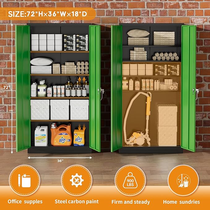 Greenvelly Metal Garage Storage Cabinet with 2 Doors and 4 Adjustable Shelves, 72”H Steel Lockable Storage Cabinet,Tall Metal Cabinet Locking File Cabinet for Office,Home, Garage, Gym, School