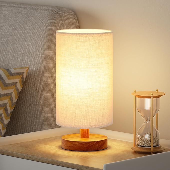 Small Table Lamp for Bedroom - Inline Control, Bedside Lamp with 3000K A15 LED Blub, Easy Assembly (Beige Shade - Walnut Base, 9" Inline Control)