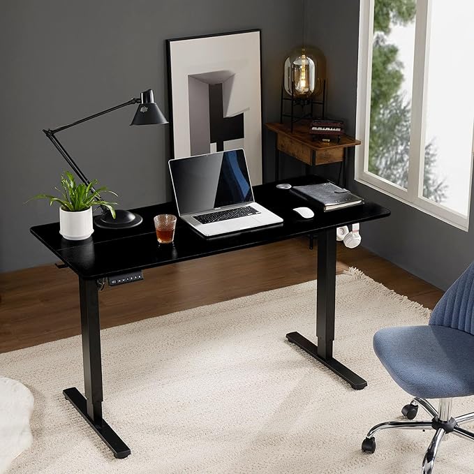 Sweetcrispy Electric Adjustable Height Standing Desk - 55 x 24 inch Sit to Stand Up Desk with Splice Board, Rising Home Office Computer Table with 2 Hook and Wire Hole for Work