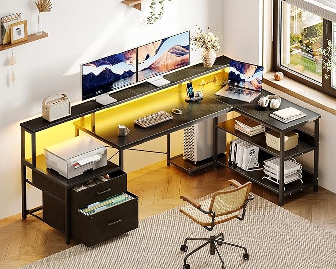 ODK L Shaped Desk with File Drawer, 66" Reversible L Shaped Computer Desk with Power Outlet & LED Strip, Home Office Desk with Storage Shelves, Gaming Desk with Monitor Shelf, Corner Desk, Black