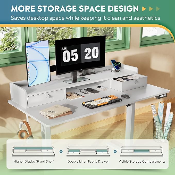 DEVAISE 48×24 Inch Electric Standing Desk with Drawers, Computer Desk with 3 Adjustable Height, Storage Shelf, Built-in AC & USB Outlets and Memory Preset, Sit to Stand Desk for Home Office, White