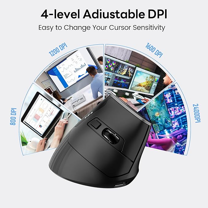 Uineer Ergonomic Wireless Mouse,Bluetooth Vertical Mouse with BT5.0/4.0/2.4G, Rechargeable with Battery Indicator,Ergonomic Design for Comfort and Reduced Wrist Strain for Home,Office Use,Black