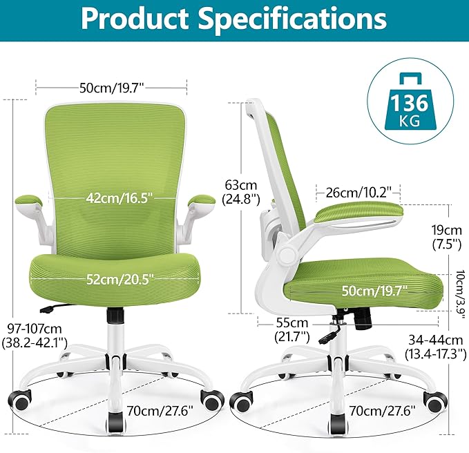 FelixKing Office Chair, Ergonomic Desk Chair Breathable Mesh Chairs Adjustable High Back Lumbar Support Flip-up Armrests, Executive Rolling Swivel Comfy Computer Chairs Home Office Green