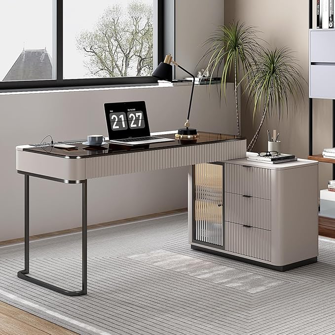 Lartis Office Desk, Very Easy to Assemble, Computer Desk, Home Telescopic Writing Desk, Modern Computer Desk with Retractable Cabinet Built-in LED Lights (Ivory, 50 in)