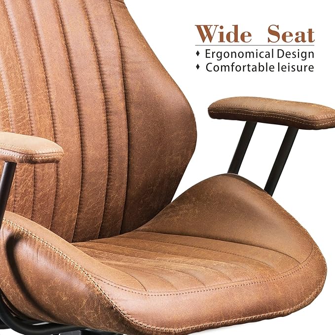 ovios Ergonomic High Back Office Chair, Mid-Century Modern Faux Suede Leather Chair with Padded Armrests, Comfy Executive Computer Task Swivel Rolling Chairs, Brown