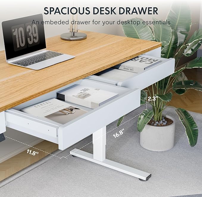 SANODESK Electric Standing Desk with 2 Drawers, 55 x 24 inch Height Adjustable Computer Desk, Home Office Stand Up Desk with 4 Preset Heights, Maple